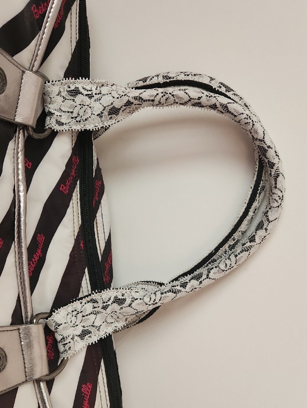 Betsey Johnson Black & White Striped Patchwork Tote with Pink Accents - Picture 6 of 7